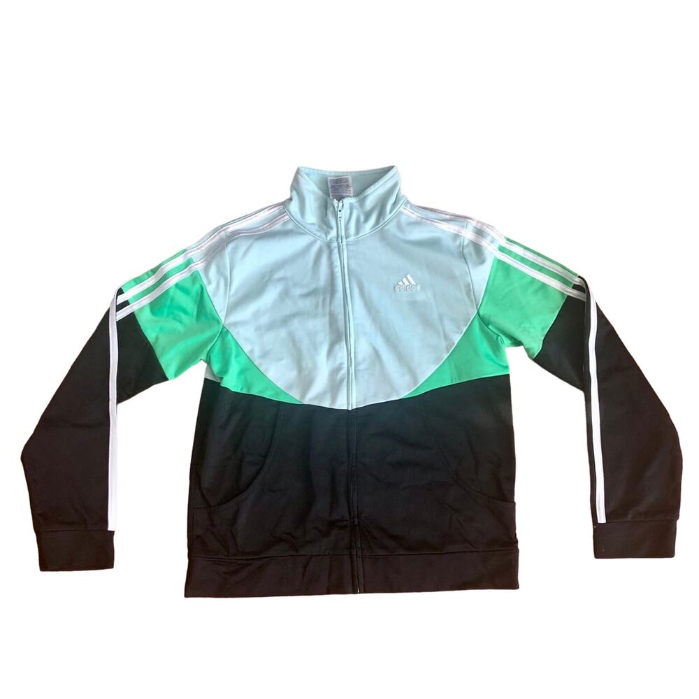 Adidas Track Stripes Black Green Blue Color block Jacket Girl’s Size XL (16)